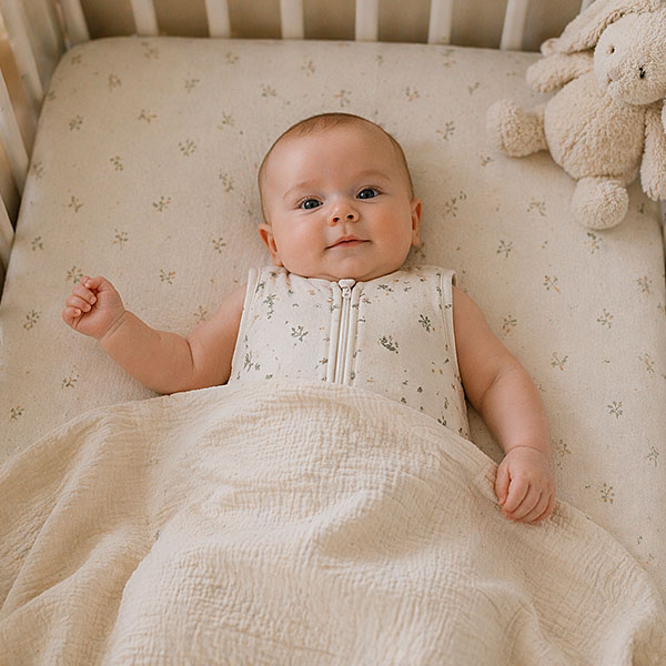 Baby met mouwloze slaapzak onder een dekentje in een bedje - slimmetkleintjes.nl
