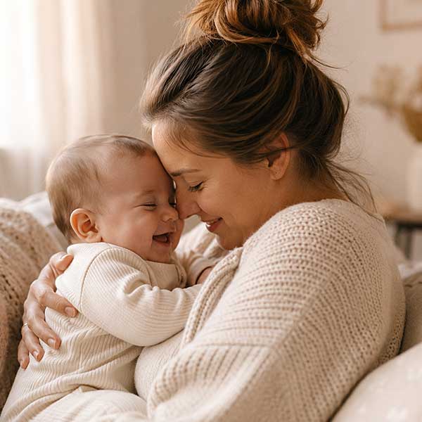 Mama knuffelt liefdevol met haar baby op de bank tijdens een warm en bijzonder moment samen.