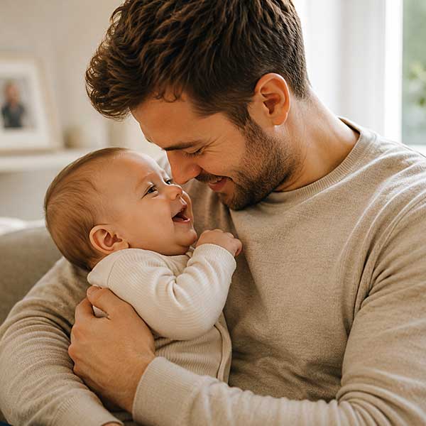 Papa geniet van een liefdevol moment met zijn baby op de bank terwijl ze samen lachen en contact maken.