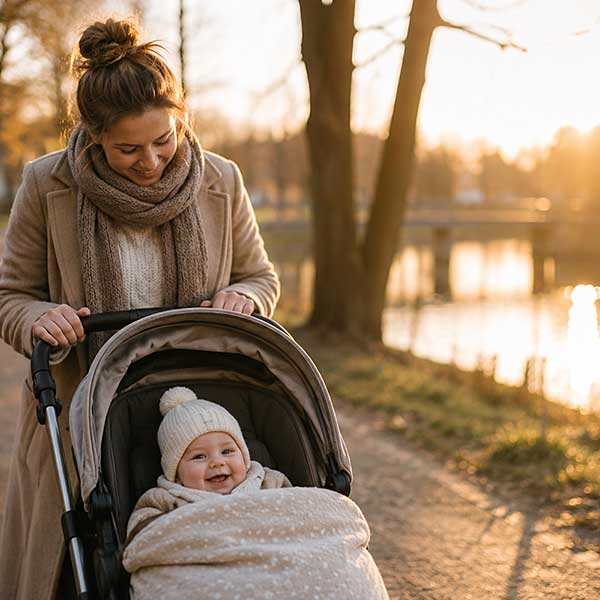 Moeder maakt een ontspannen wandeling met haar baby in de kinderwagen tijdens een zonnig gezinsuitje.