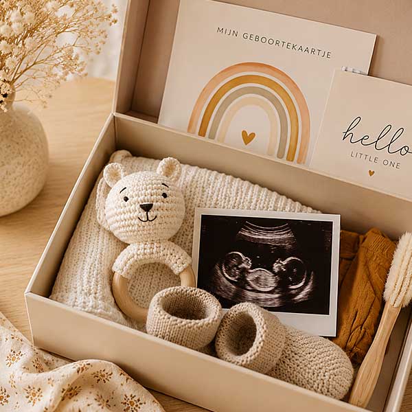 Herinneringsdoos met geboortekaartje, echofoto, babyslofjes en knuffel als blijvende herinnering aan de eerste babyjaren.