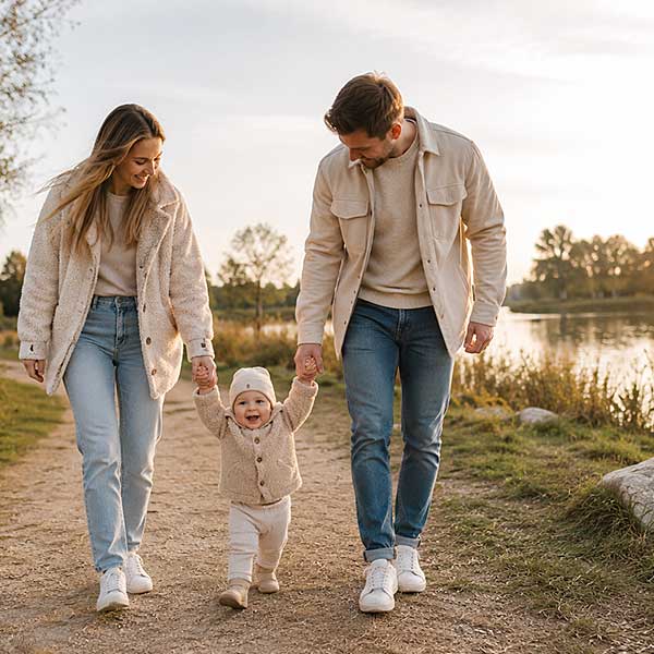 Gezin maakt samen een wandeling in de natuur tijdens een gezellig gezinsuitje en creëert waardevolle herinneringen met hun kindje.
